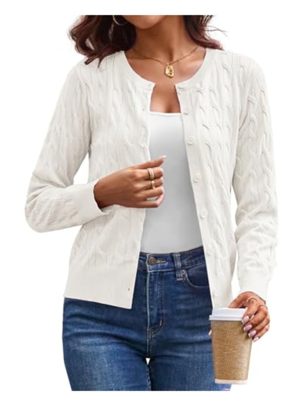 Cable Knit Button Down Cardigan Crewneck Cropped Slim Fit Lightweight